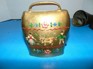 Collectible Austria Brass Metal " Cow " Bell 5 " Tall Hand Painted Euc