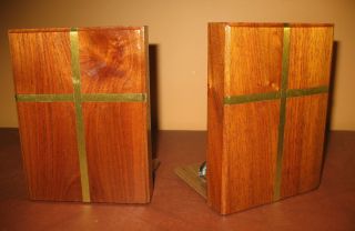 Vintage Bookends Wood W Inlaid Brass Cross Simple Plain Christian Crucifix