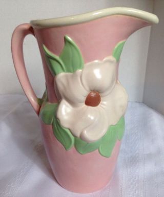 Vintage Water Pitcher Flower Vase Holland Mold Pink Base With Flowers Ceramic