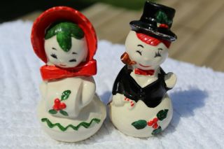 Vintage Snowman And Snow - Woman Couple Salt And Pepper Shakers - Japan