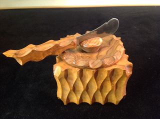 Vintage Olive Wood Hand Crafted Cheese Spread Serving Dish Bow Inox Knife Liner