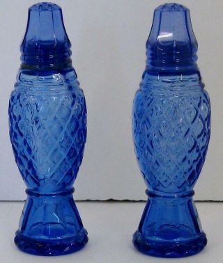 Avon Cobalt Blue Crystal Point Glass Salt & Pepper Shakers W/plastic Lids