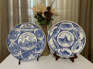 Blue China Souvenir State Commemorative Plates - Washington Dc & Jamestown,  Va