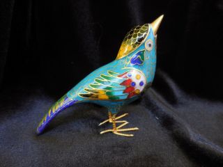Vintage Brass Enamel Cloisonne Bird Blue Gold 2 3/4 Inches China