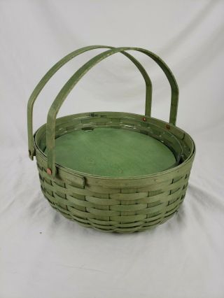 2010 Longaberger Sage Green Oval Market Basket W/ Liner & Wooden Shelf.