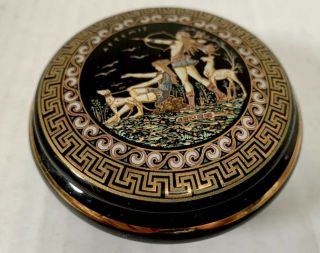 Round Black Trinket Box 24k Made In Greece Artemis Goddess Of Hunt Vintage