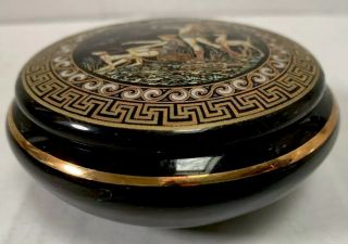 Round Black Trinket Box 24k Made in Greece Artemis Goddess of Hunt Vintage 2