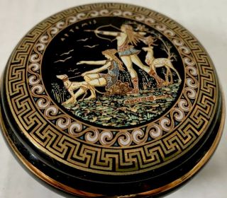 Round Black Trinket Box 24k Made in Greece Artemis Goddess of Hunt Vintage 3