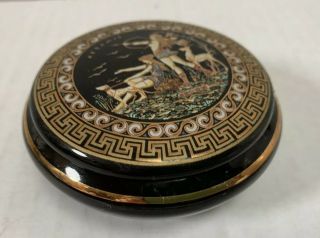 Round Black Trinket Box 24k Made in Greece Artemis Goddess of Hunt Vintage 5