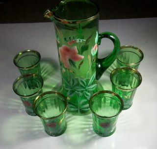 Vintage Green Depression Pitcher & 6 Glasses Set Hand Painted Flowers