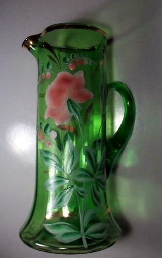Vintage Green Depression Pitcher & 6 Glasses Set Hand Painted Flowers 2