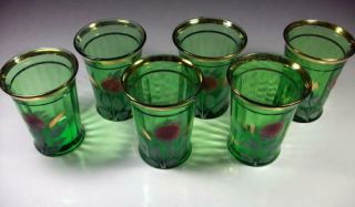 Vintage Green Depression Pitcher & 6 Glasses Set Hand Painted Flowers 6