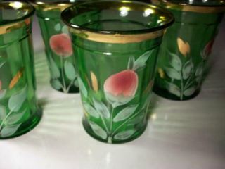 Vintage Green Depression Pitcher & 6 Glasses Set Hand Painted Flowers 7