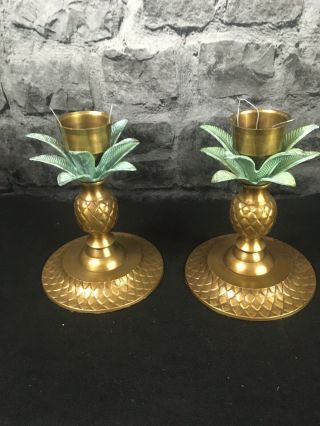 Set Of (2) Brass And Copper Palm Tree Candlesticks