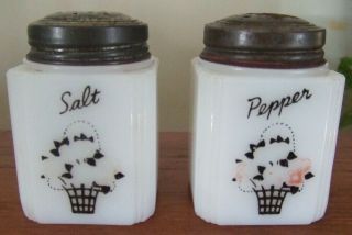 Vintage Tipp City Milk Glass Salt & Pepper Shakers Flower Basket
