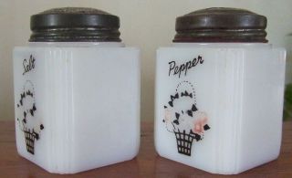 Vintage Tipp City Milk Glass SALT & PEPPER SHAKERS Flower Basket 2