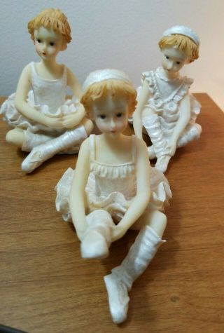 Ballerina Figurines Set Of 3 White Miniature Little Girls Poly Resin 3 1/4 " Tall