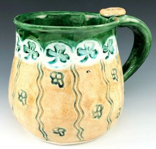 St Patricks Irish Shamrock Clover Large Studio Art Pottery Coffee Mug Cup Green