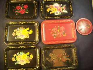7 Vintage Minature Toleware Trays With Pink And Red Roses Design
