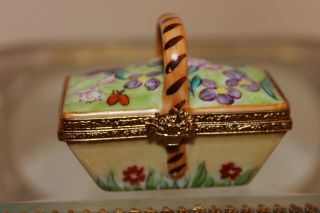Limoges Peint Main Artoria Trinket Box,  Basket & Flowers,  France,  Signed & 198