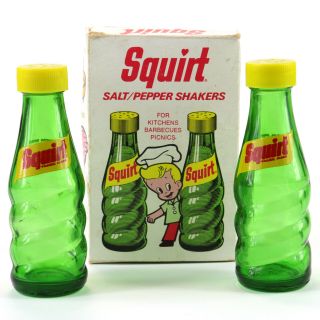 Vintage Squirt Salt & Pepper Shakers W/ Box Green Glass Soda Bottles 1974
