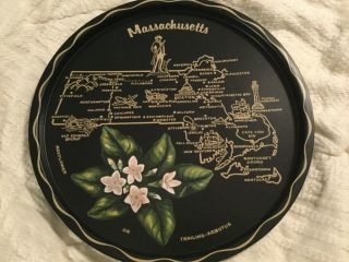 Vintage Massachusetts Black Metal 11 " Round Souvenir Tray State Map And Flower