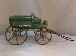Vtg Mid - Century Pottery Art Green Buckboard Wagon Cart Metal Wheels Planter
