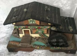 Old Swiss Chalet Mechanical Grist Mill Moving Wheel Made In Japan Music Box