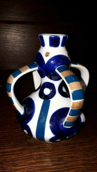 Mid Century Sargadelos Miniature Squat Bud Vase Porcelain Blue 4 Handle
