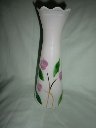 Vintage White Glass Bud Vase With Hand Painted Purple Flowers /gold Stems