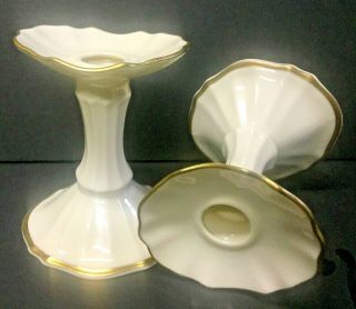 2 Lenox 4 1/2 " Candle Stick Holders Symphony Cream W Gold Pair Pre - Owned