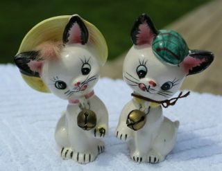 Vintage Anthropomorphic Cat Couple With Bells Salt And Pepper Shakers