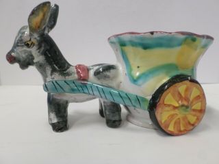 Vintage Ceramic Stoneware Donkey Burro With Cart Planter 8 " Long