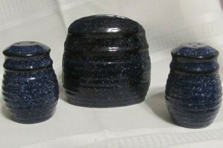 3 Vintage Blue Speckled Stoneware/ Ceramic Napkin Holder,  Salt & Pepper Shakers