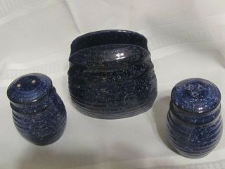 3 Vintage Blue Speckled Stoneware/ Ceramic Napkin Holder,  Salt & Pepper Shakers 3