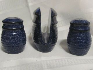 3 Vintage Blue Speckled Stoneware/ Ceramic Napkin Holder,  Salt & Pepper Shakers 4