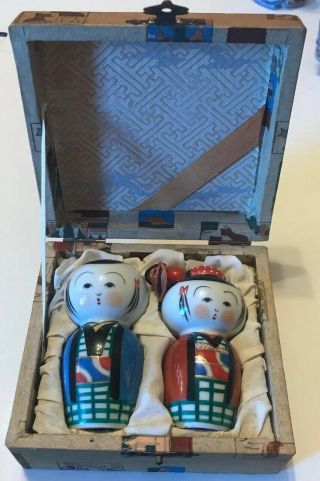 Salt And Pepper Shakers Vintage Kokeshi Dolls Japanese With Box 1950s