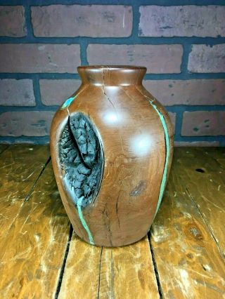 7.  5  Inch Heavy Manzanita Burl Sculpture Wood Bud Vase Turquoise Inlay Usa Urn