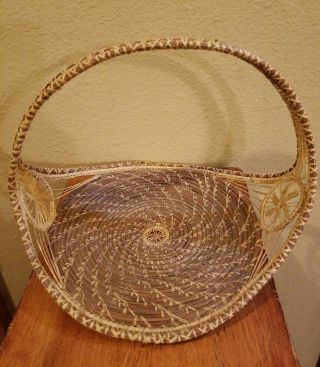 Vintage Native Tribal Hand Woven Pine Needle Basket W/ Handle 11 X 8 X 9