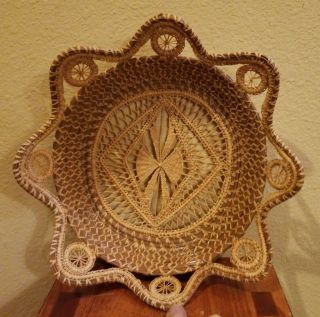 Vintage Native Tribal Hand Woven Pine Needle Basket 10.  5 Across X 2.  75 High