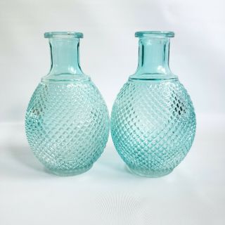Pair Diamond Glass Bud Vase Turquoise Teal