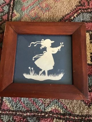 White Silhouette Framed Picture Of Girl Running W/flowers & Basket C.  1985 Signed
