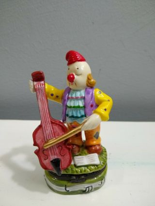 Clown Playing Cello Musical Instrument Porcelain Hinged Trinket Box Ceramic