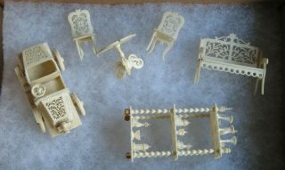 Miniature Ivory Carved Collectibles - Chairs,  Table,  Shelves,  Car,  Acrobats