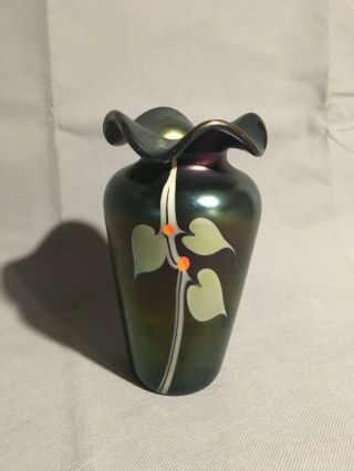 Vintage Stuart Abelman Iridescence Green Glass Vase Leaf Design Signed Rd