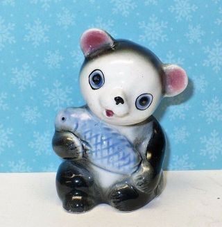 Vintage Porcelain Small Panda With Blue Fish Figurine Vgc