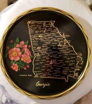 Vintage Georgia State Tin Souvenir Tray Plate Cherokee Rose Flower Map 11 Inch