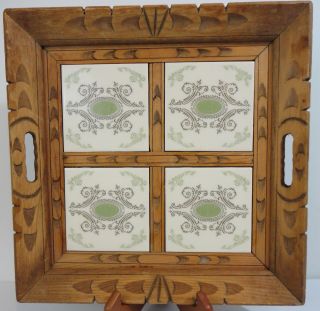 Vintage Serving Tray Carved Wood And Ceramic Tile - Green/white 14 " X 14 "