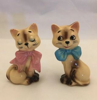Vintage Cat Couple Salt & Pepper Shakers Blue Pink Bows Kitty Siamese