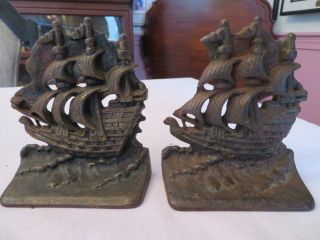 Antique Pair Cast Iron Ornate Bookends Nautical Ship Sea Sailing Boat